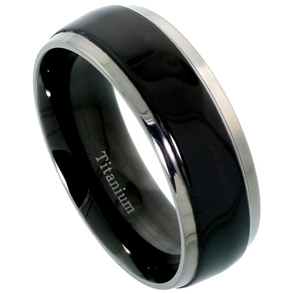 8mm Black Titanium Wedding Band Ring Two tone Beveled Edges Comfort Fit